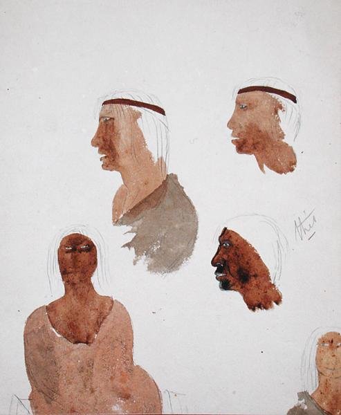 Fuegian Tipleri, c.1832 (kağıt üzerine kurşun kalem ve sulu boya) by Robert Fitzroy