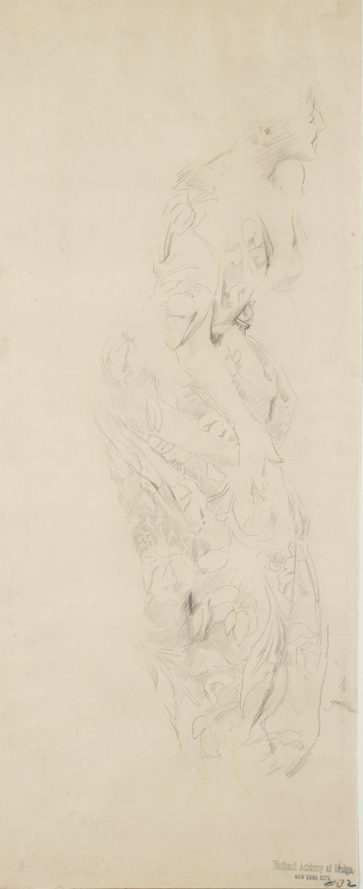 Muhtemelen Moods to Music duvar resmi için çiçek desenli elbiseli kadın taslağı, 1893-98 (devetüyü dokuma kağıt üzerinde grafit ve sarı kalem) by Robert Frederick Blum