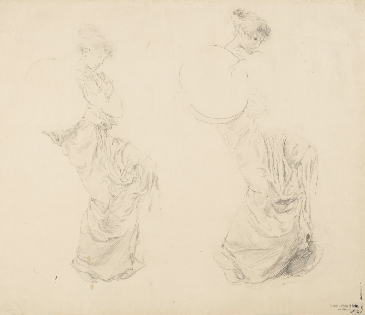 Moods to Music duvar resmi için iki kadın figürünün incelenmesi, 1893-95 (devetüyü dokuma kağıt üzerine kırmızı kalemle grafit) by Robert Frederick Blum