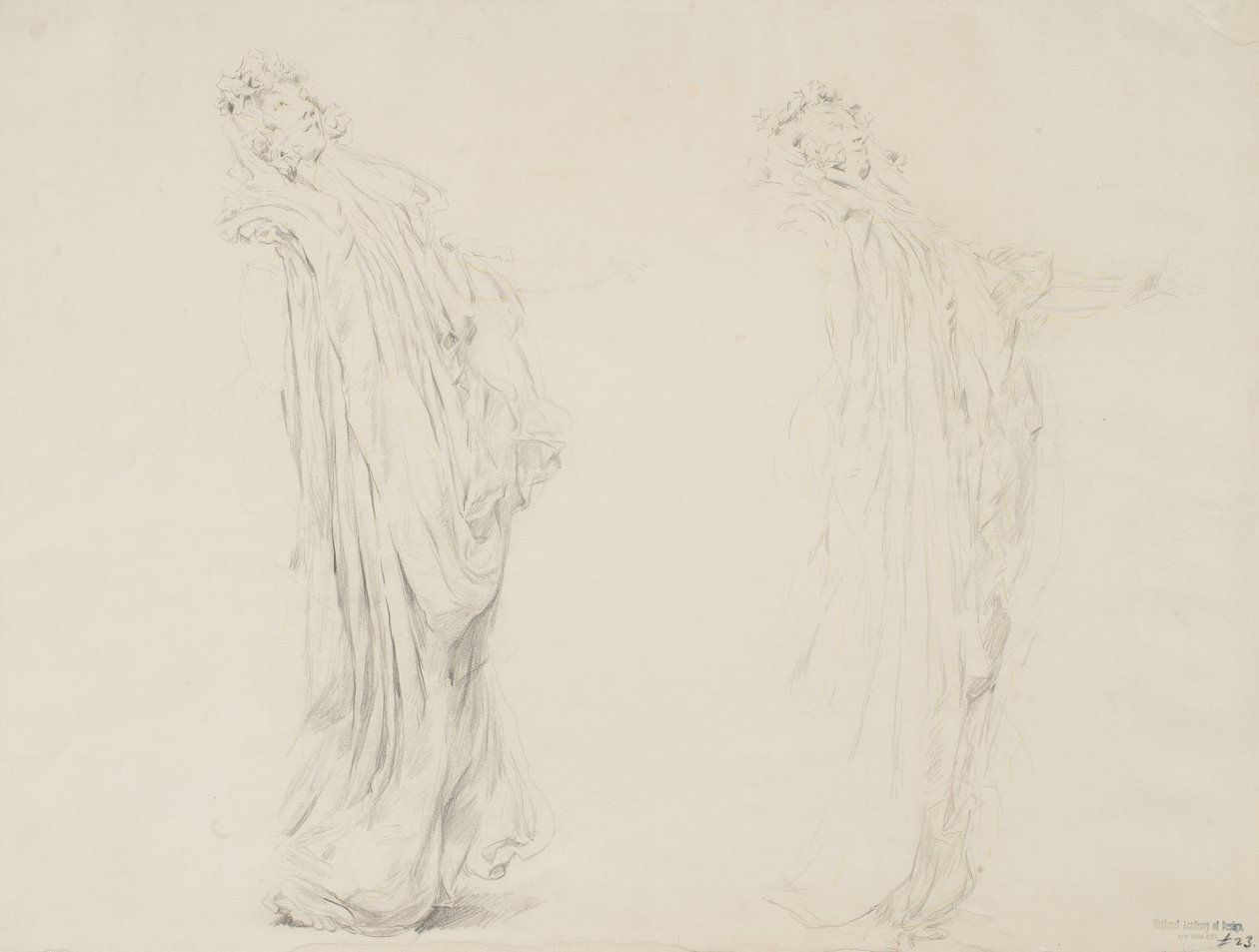 Moods to Music duvar resmi için iki kadın figürünün incelenmesi, 1893-95 (krem dokuma kağıt üzerine sarı kalemle grafit) by Robert Frederick Blum