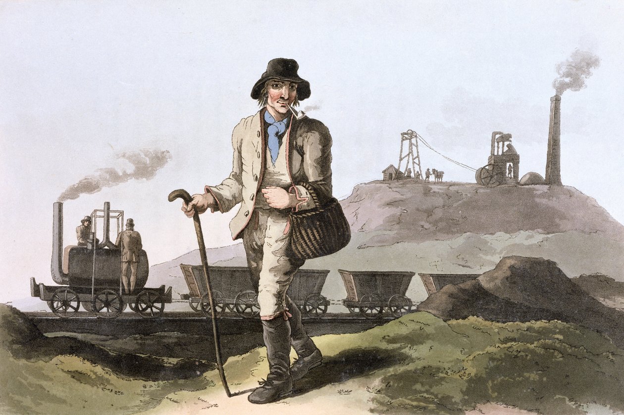 Leeds yakınlarındaki Middleton kömür ocağında Blenkinsop buharlı lokomotif, Batı Yorkshire, 1814 by Robert Havell