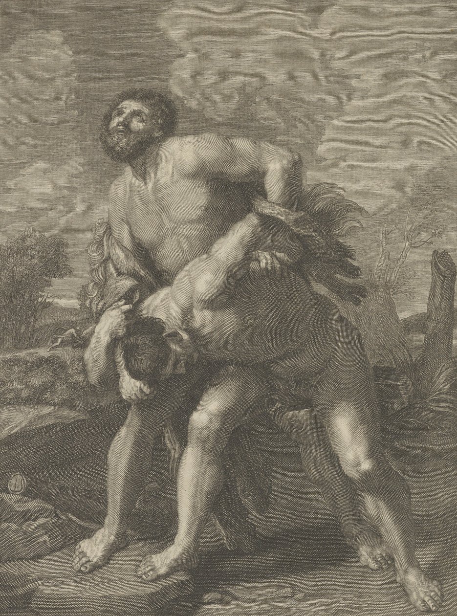 Aslan postu giyen ve Achelous ile savaşan Herkül, arka planda bir manzara, ..., yaklaşık. 1713-72. by Robert Hecquet