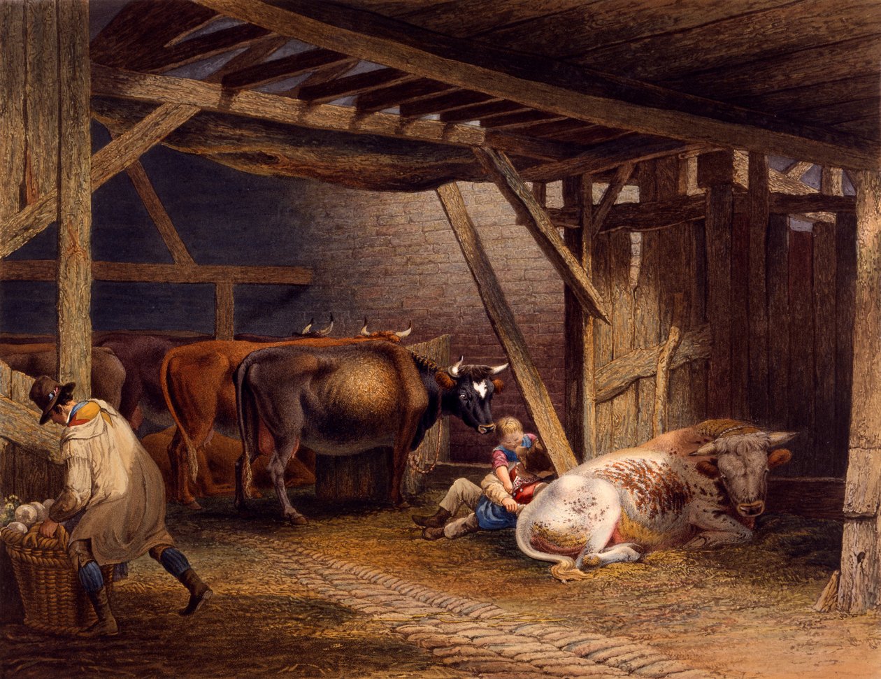 İnek ahırı (el renginde aquatint) by Robert Hills