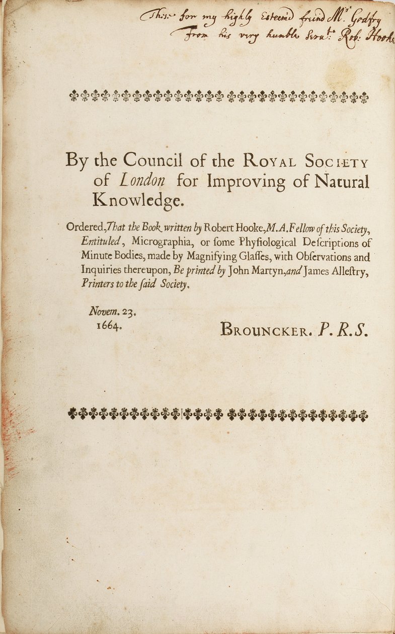 "Micrographia: veya Büyüteçle Yapılan Küçük Cisimlerin Bazı Fizyolojik Tanımları"ndan imzalı sayfa, 1665 by Robert Hooke