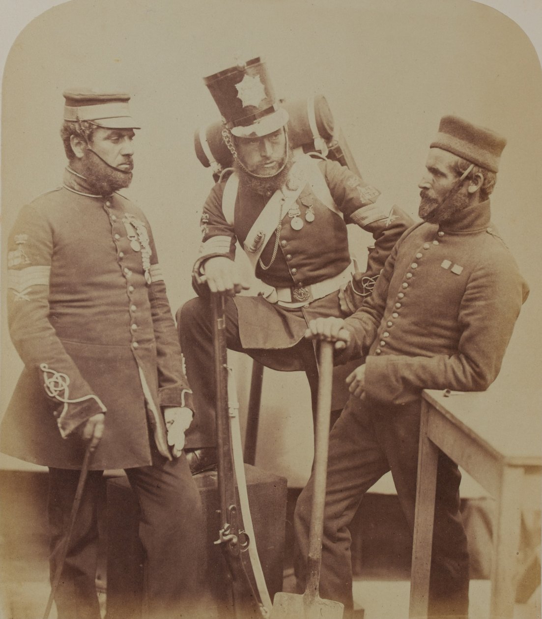 Renk Çavuşları J. Stanton, Kester Knight ve W. Bruce, Royal Sappers and Miners, 1856 (sepya fotoğrafı) by Robert Howlett