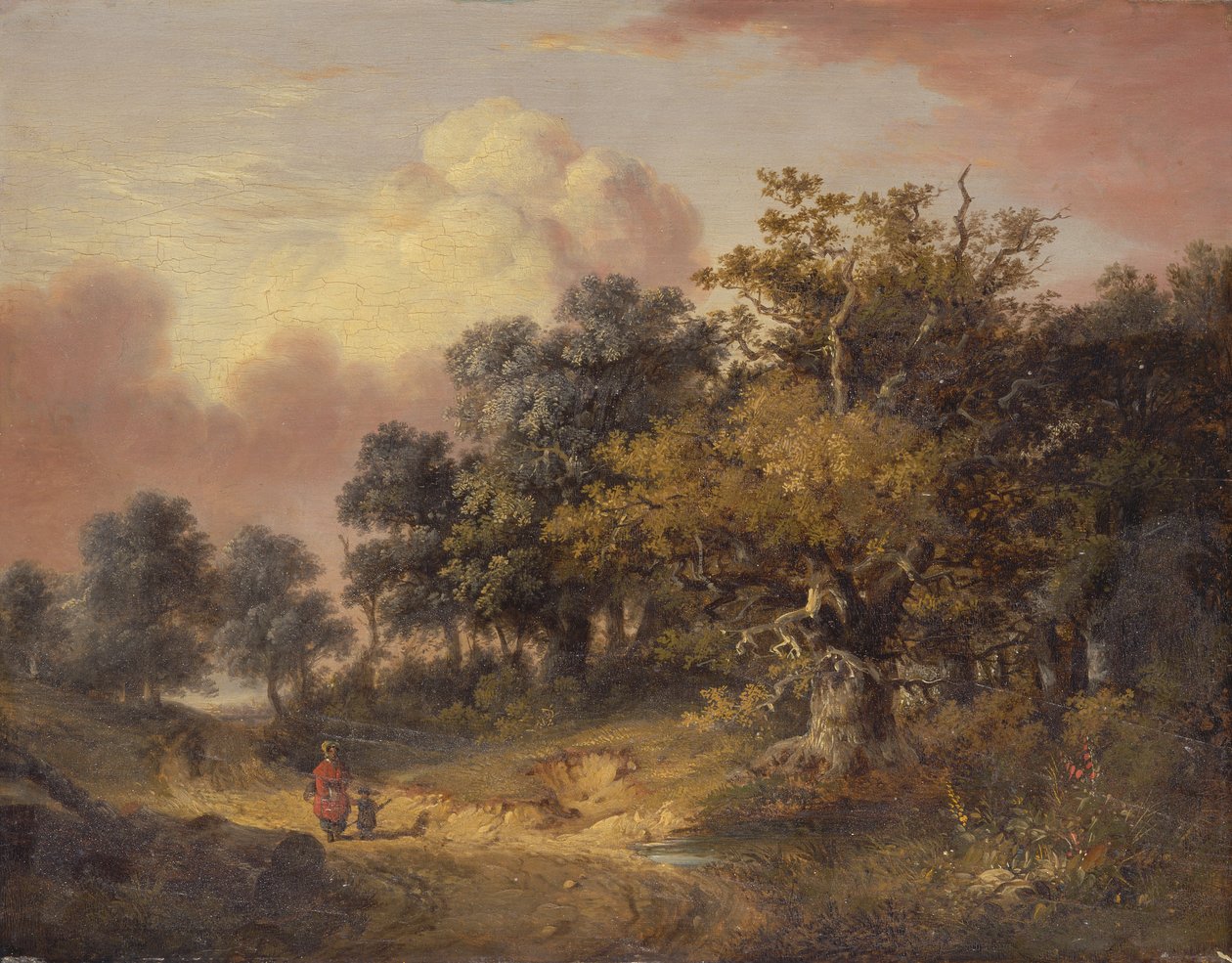 Bir Yolda Yürüyen Kadın ve Çocukla Ormanlık Manzara by Robert Ladbrooke