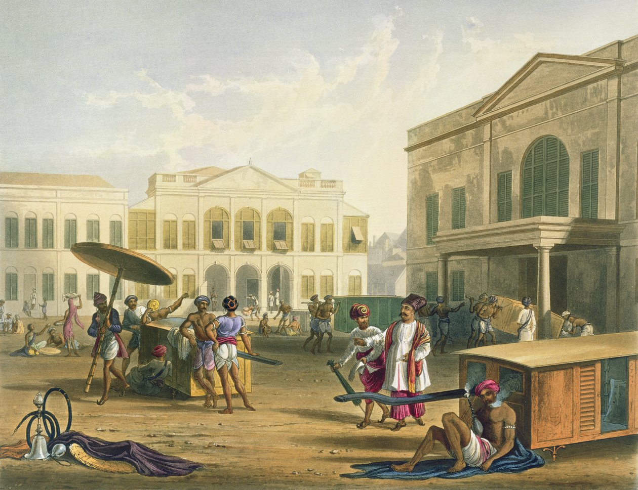 RG Reeve (fl.1811-37) tarafından oyulmuş ve JB Hogarth, pub tarafından renklendirilmiş 'Hindistan'ın Manzara, Kostümler ve Mimarisi' Cilt I'den Bombay'daki sahne. Ackermann tarafından, 1826 (aquatint) by Robert Melville Grindlay