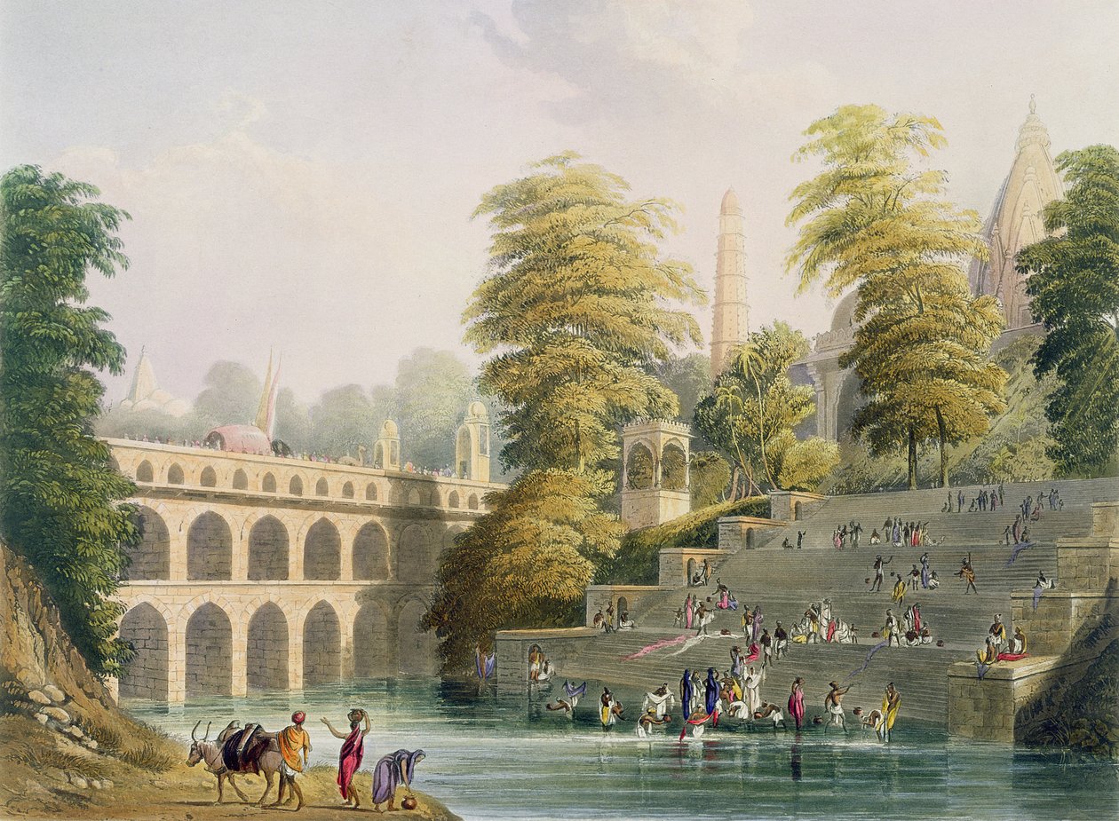 Guzerat'taki Baroda yakınlarındaki Köprü'nün görünümü, J. Willis ve H. Melville tarafından kazınmış, Charles Bentley (1806-54) tarafından oyulmuş 'Hindistan Manzarası, Kostümleri ve Mimarisi' Cilt II'den. tarafından Smith, El by Robert Melville Grindlay