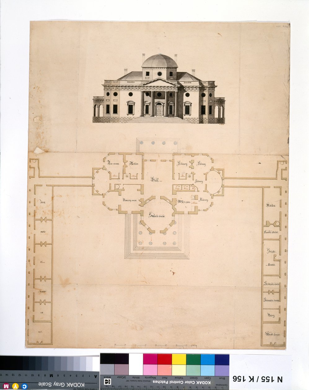 Monticello: 2. versiyon (plan ve batı cephesi) by Robert Mills