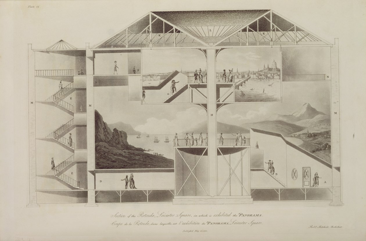 Rotunda, Leicester Meydanı, 'İngiltere'deki Binaların Perspektifinde Planlar ve Görünümler'den bir kesit, 1801 (aquatint) by Robert Mitchell