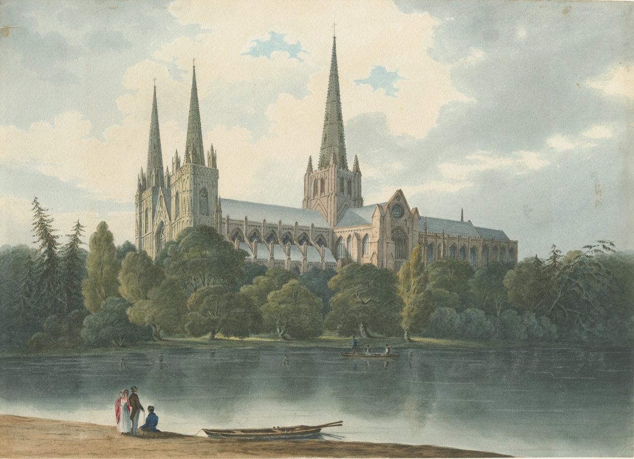 Lichfield Katedrali - Güney Batı Görünümü: sulu boya boyama, Temmuz 1824 (resim) by Robert Noyes