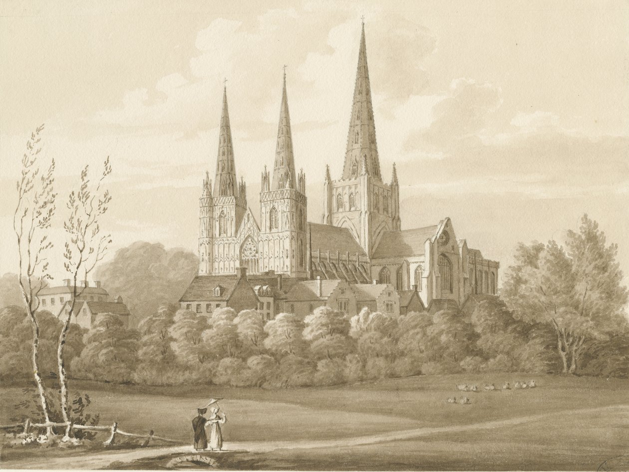 Lichfield Katedrali - Batı Güney Batı Görünümü: sepya çizimi by Robert Noyes