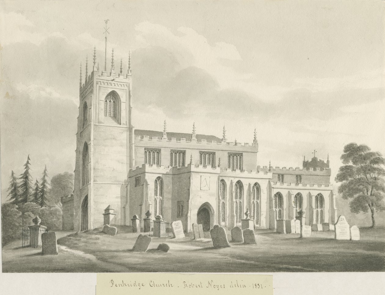 Penkridge Kilisesi: sepya yıkama çizimi, 1831 by Robert Noyes