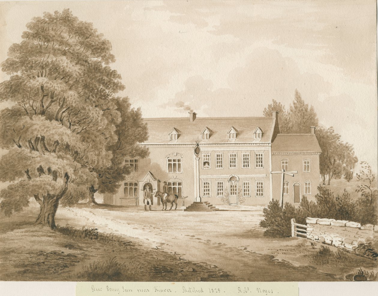 Stourton - "Kinver yakınlarındaki Güveç Poney Inn": sepya yıkama çizimi, 1828 by Robert Noyes