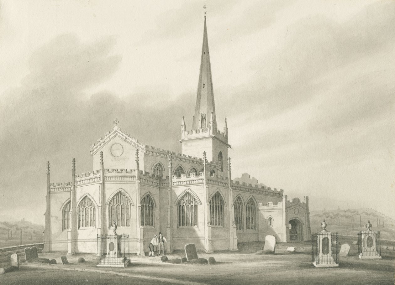 Wednesbury - St. Bartholomew Kilisesi: sepya yıkama çizimi, nd [1827] (çizim) by Robert Noyes