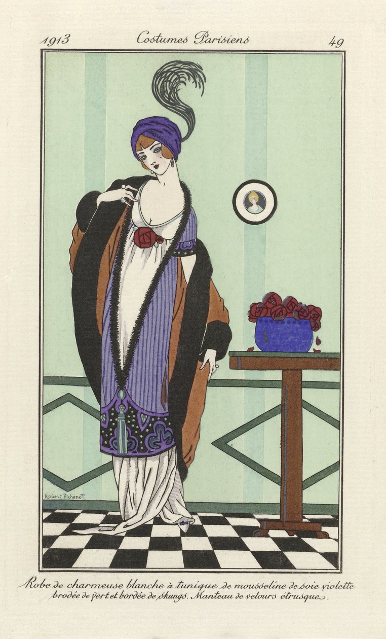 Mor ipek şifon tunikli beyaz charmeuse elbise, yeşil kenarlı kokarca işlemeli. Etrüsk kadife ceket, Costumes Parisiens