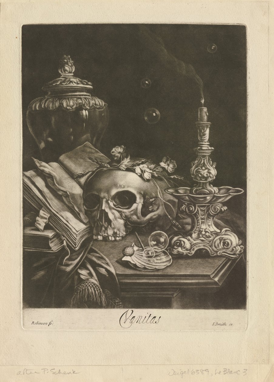 Vanitas Natürmort, c.1685-88 (mezzotint ve kalem işi) by Robert Robinson