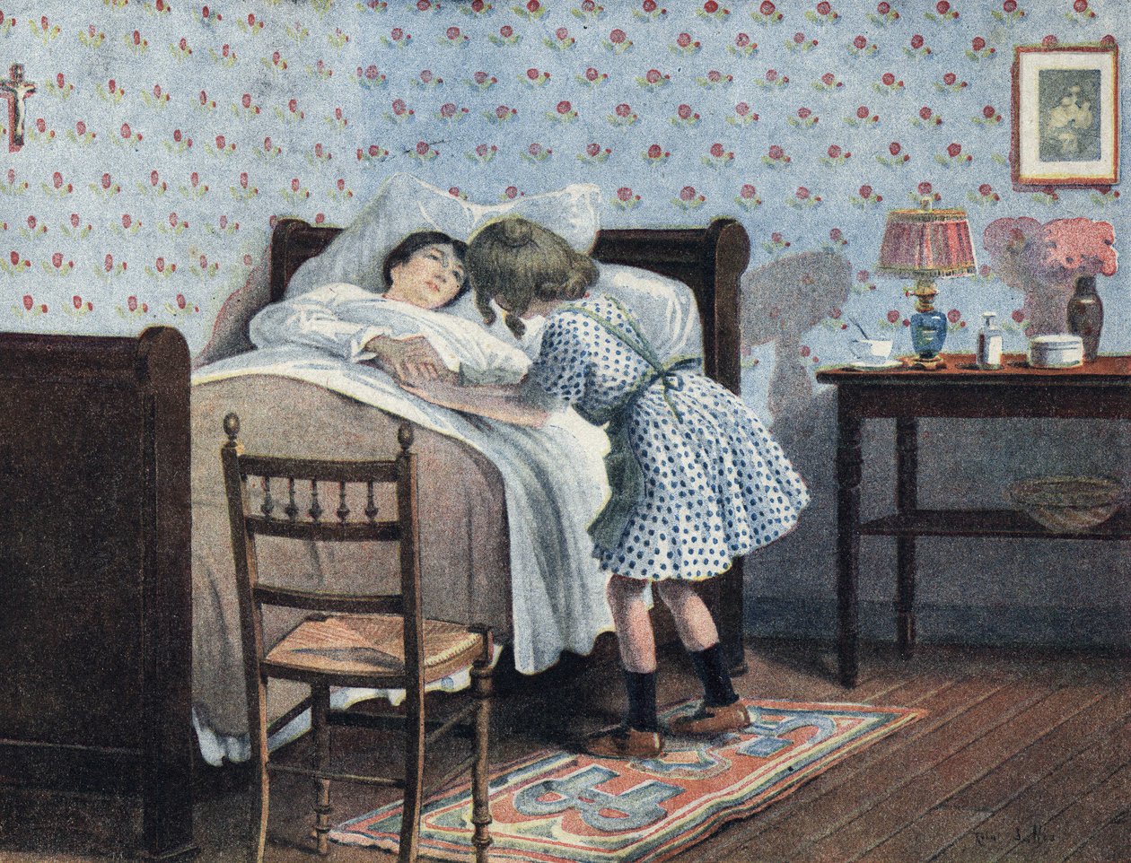 Küçük bir kız, hasta annesinin başucunda savaşını bekliyor. “Je sais Lire””de Robert Salles (1871-1929) tarafından yapılan illüstrasyon. by Robert Salles