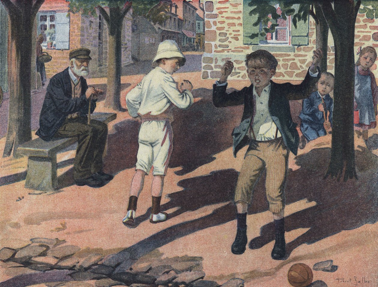 Genç bir çocuk, arkadaşlarıyla (kötü oyuncu) bir oyun sırasında sinirlenir. “Je sais Lire””de Robert Salles (1871-1929) tarafından yapılan illüstrasyon. by Robert Salles