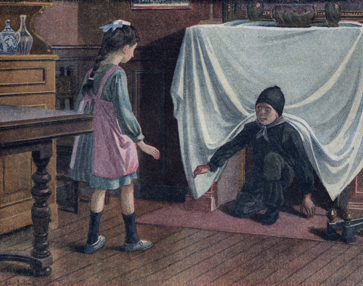 Kurumla kaplı genç bir baca, bir örtü ile kaplı bacadan çıkar. Kendini şeytan sanan küçük bir kızı korkutuyor. “Je sais Lire””de Robert Salles (1871-1929) tarafından yapılan illüstrasyon. by Robert Salles