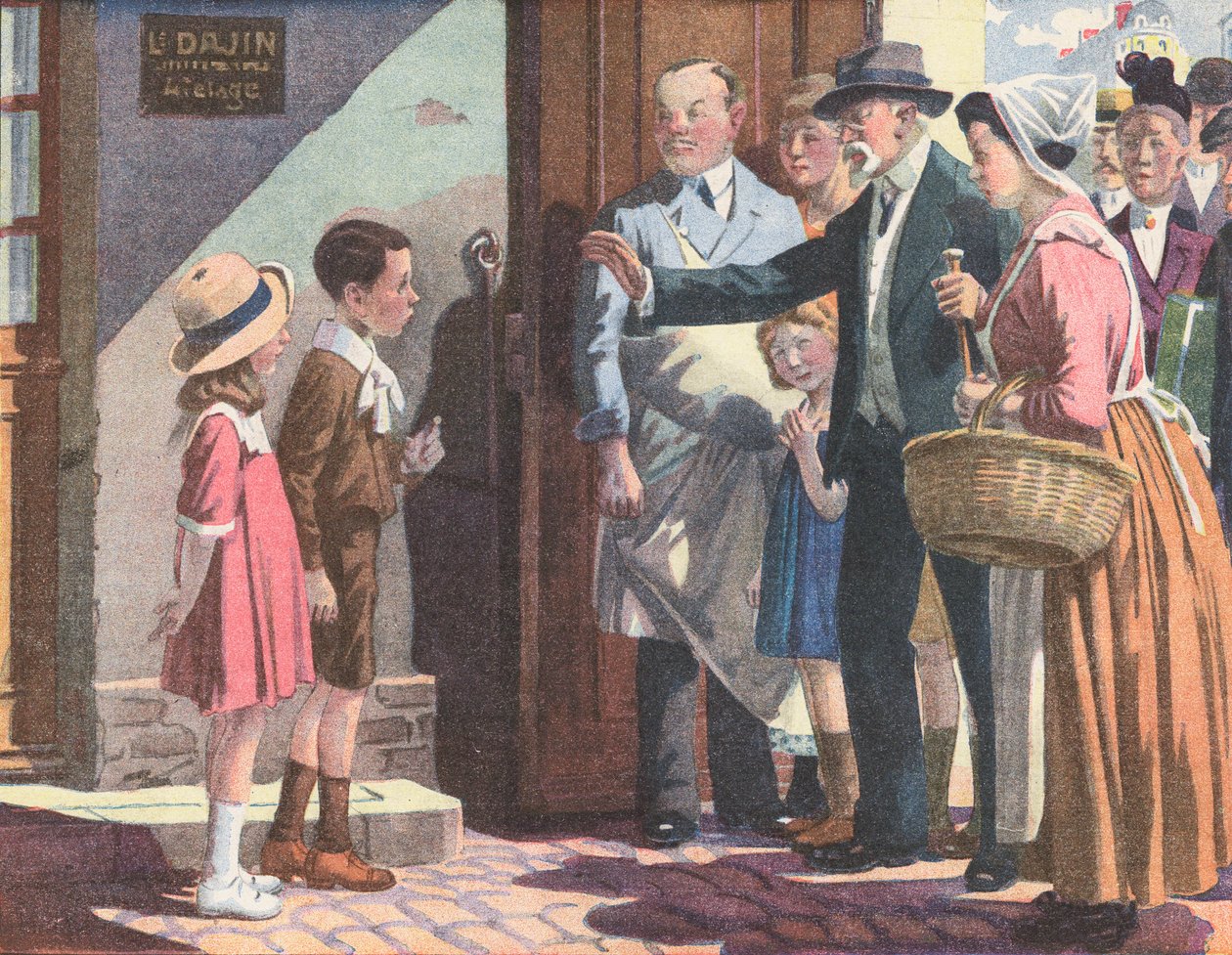 Açık havada oynarken evden çok uzaklaşarak ebeveynlerine karşı gelen kardeşler (renkli taş baskı) by Robert Salles
