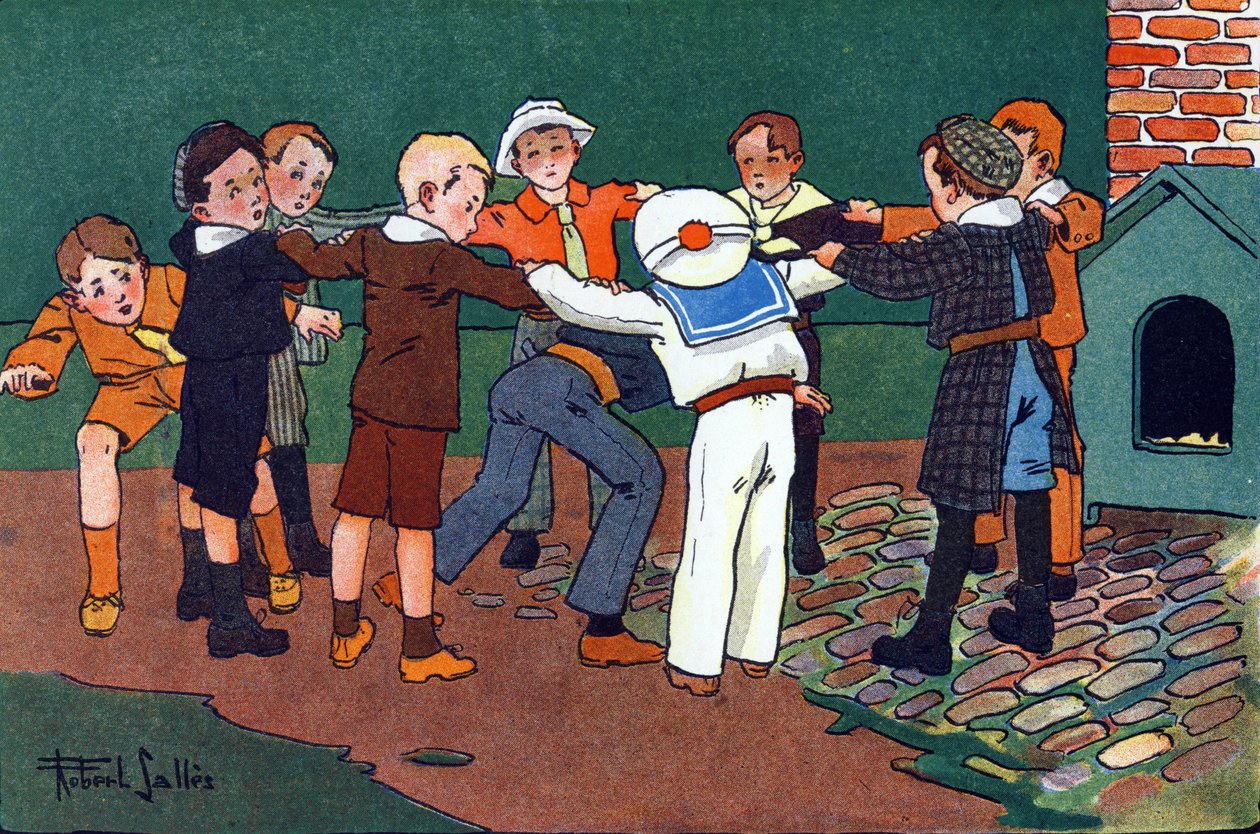 Kedi ve fare. Gravür “” Ne oynuyoruz? Robert Salles (1871-1929) tarafından suluboya çizimleri ile E. Weber tarafından “”. Kütüphane Garnier Freres, Paris by Robert Salles