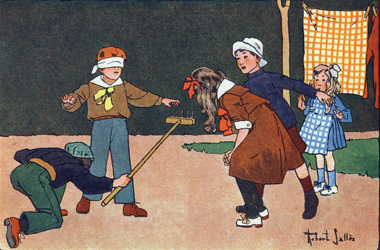 Colin maillard (colin maillard). Gravür “” Ne oynuyoruz? Robert Salles (1871-1929) tarafından suluboya çizimleri ile E. Weber tarafından “”. Kütüphane Garnier Freres, Paris by Robert Salles
