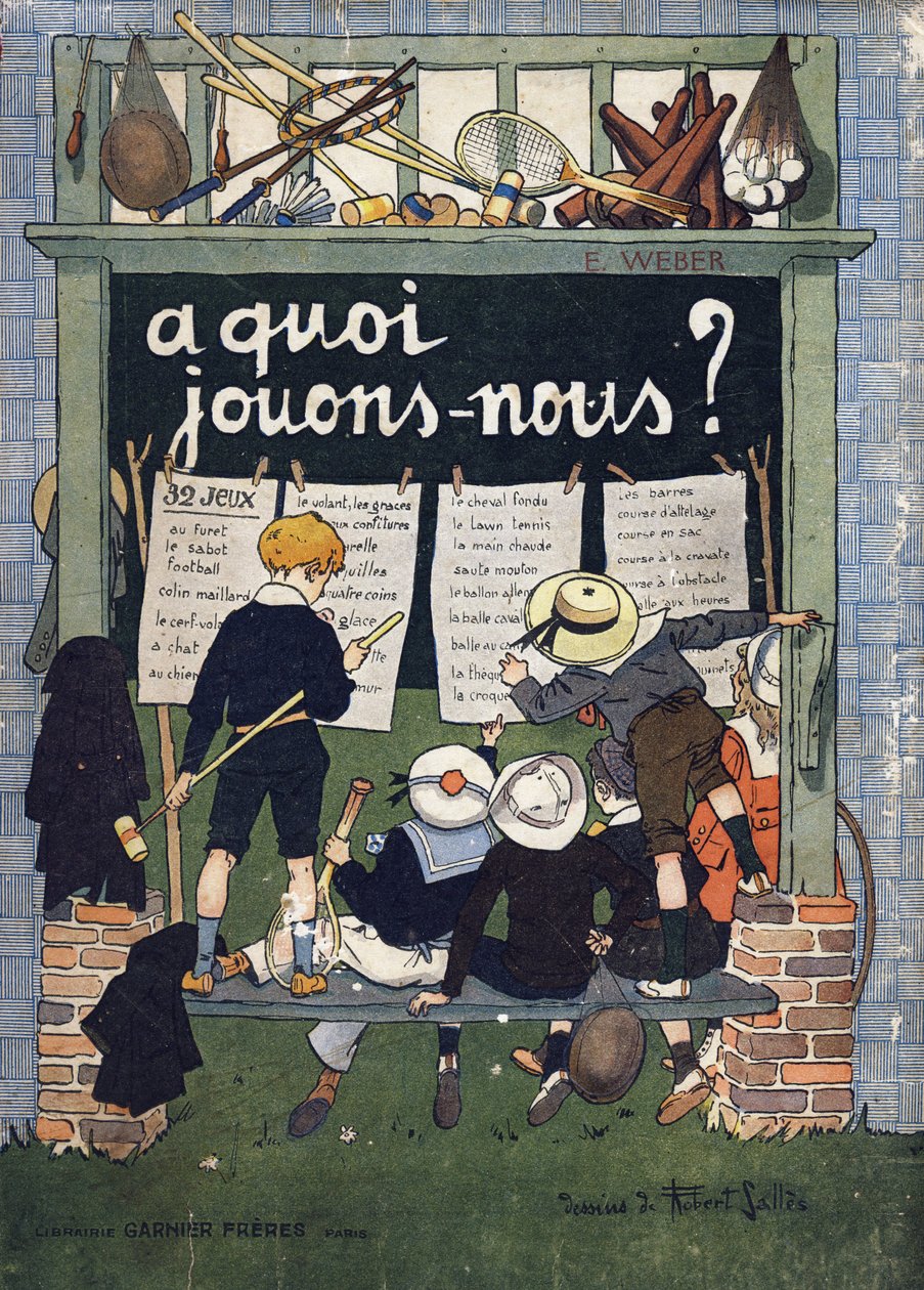 “” Kapağı Ne oynuyoruz? Robert Salles (1871-1929) tarafından suluboya çizimleri ile E. Weber tarafından “”. Oymak. Kütüphane Garnier Freres, Paris by Robert Salles