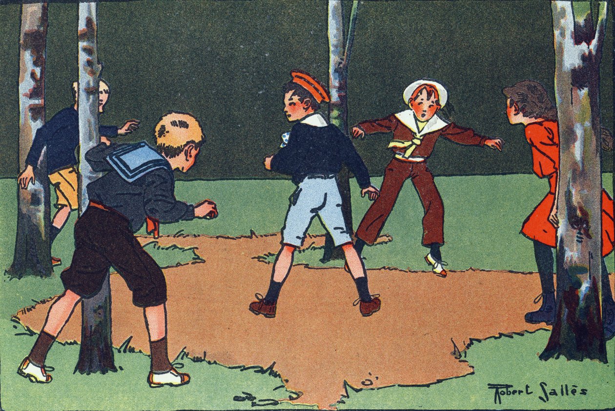 Dört köşe. Gravür “” Ne oynuyoruz? Robert Salles (1871-1929) tarafından suluboya çizimleri ile E. Weber tarafından “”. Kütüphane Garnier Freres, Paris by Robert Salles