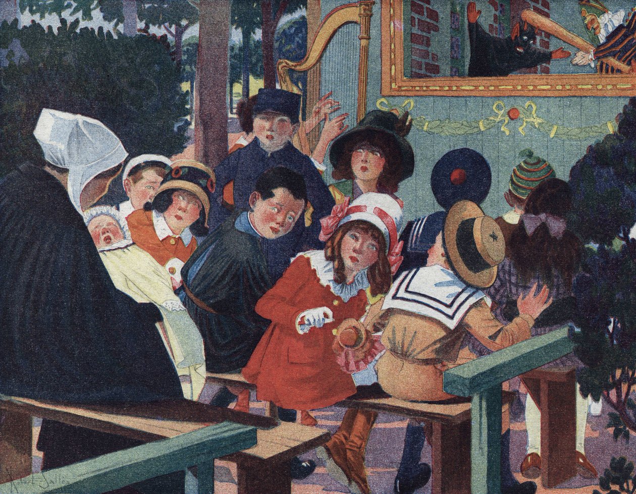 Kukla Gösterisi: Guignol tiyatrosundaki çocukların aklı, ağlayan bir bebekle sarsılır. “Je sais Lire””de Robert Salles (1871-1929) tarafından yapılan illüstrasyon. by Robert Salles