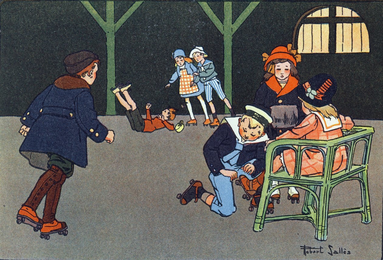 Tekerlekli patenle kaymak. Gravür “” Ne oynuyoruz? Robert Salles (1871-1929) tarafından suluboya çizimleri ile E. Weber tarafından “”. Kütüphane Garnier Freres, Paris by Robert Salles