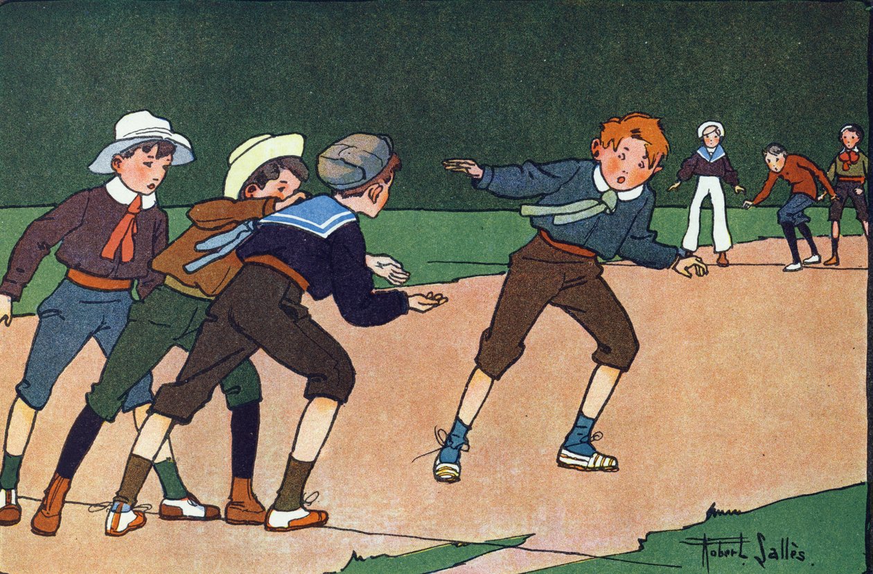 Barlar (kişinin gizlice karşı kampa gitmesi gereken takım oyunu, yerde mahkum yapmak için bir çizgi ile sembolize edilir). Gravür “” Ne oynuyoruz? Robert Salles (1871-1929) tarafından suluboya çizimleri ile E. Weber tarafından “”. kitaplık garnier by Robert Salles