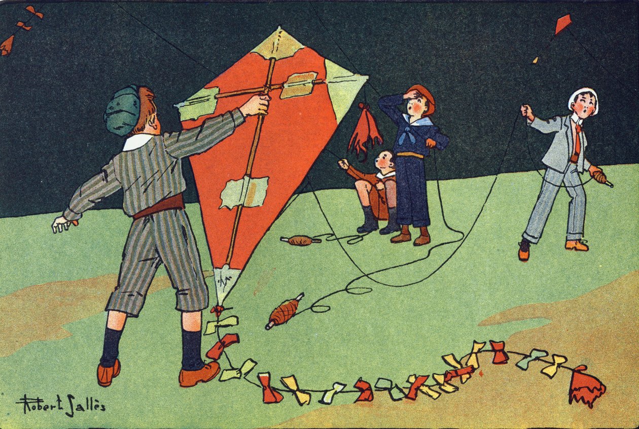 Uçan uçurtma. Gravür “” Ne oynuyoruz? Robert Salles (1871-1929) tarafından suluboya çizimleri ile E. Weber tarafından “”. Kütüphane Garnier Freres, Paris by Robert Salles