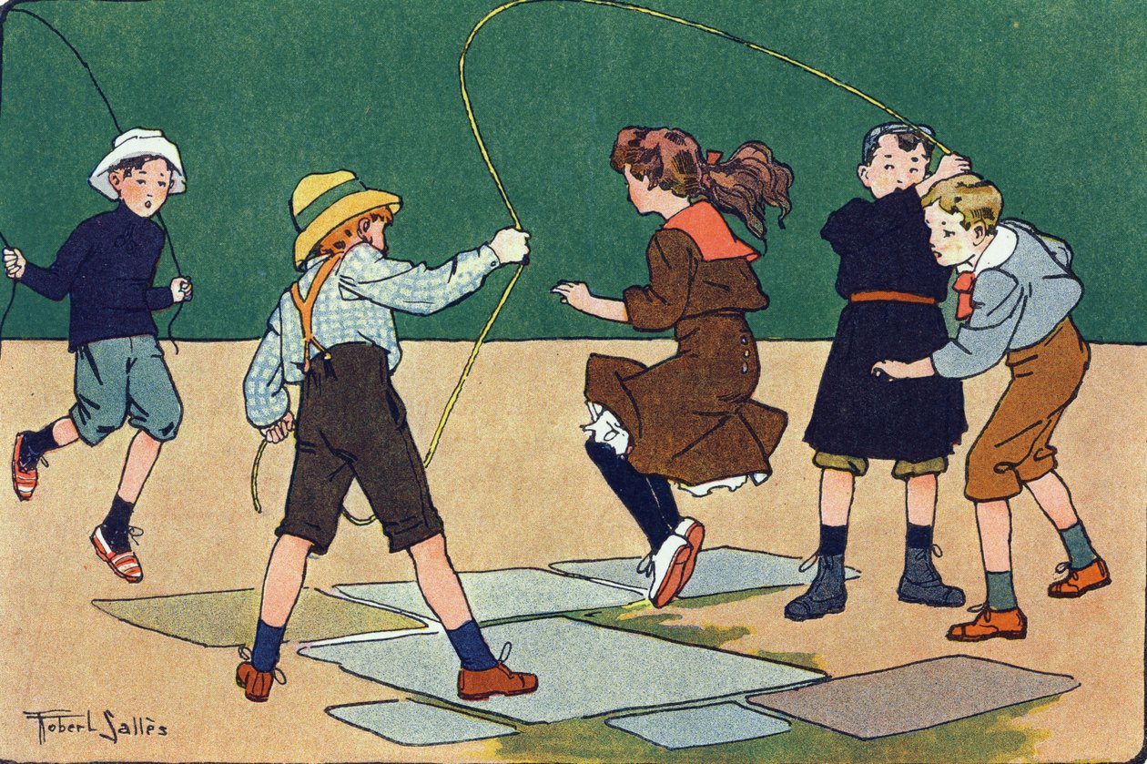 Atlama ipi var. Gravür “” Ne oynuyoruz? Robert Salles (1871-1929) tarafından suluboya çizimleri ile E. Weber tarafından “”. Kütüphane Garnier Freres, Paris by Robert Salles