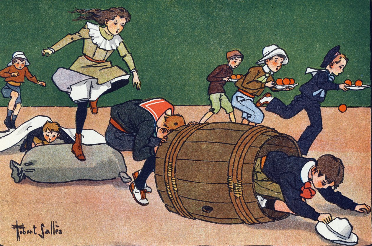 Engel yarışı. Gravür “” Ne oynuyoruz? Robert Salles (1871-1929) tarafından suluboya çizimleri ile E. Weber tarafından “”. Kütüphane Garnier Freres, Paris by Robert Salles