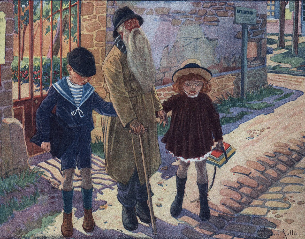 Körlerin sopası: iki çocuk kör bir yaşlı adamın yürümesine yardım eder. “Je sais Lire””de Robert Salles (1871-1929) tarafından yapılan illüstrasyon. by Robert Salles