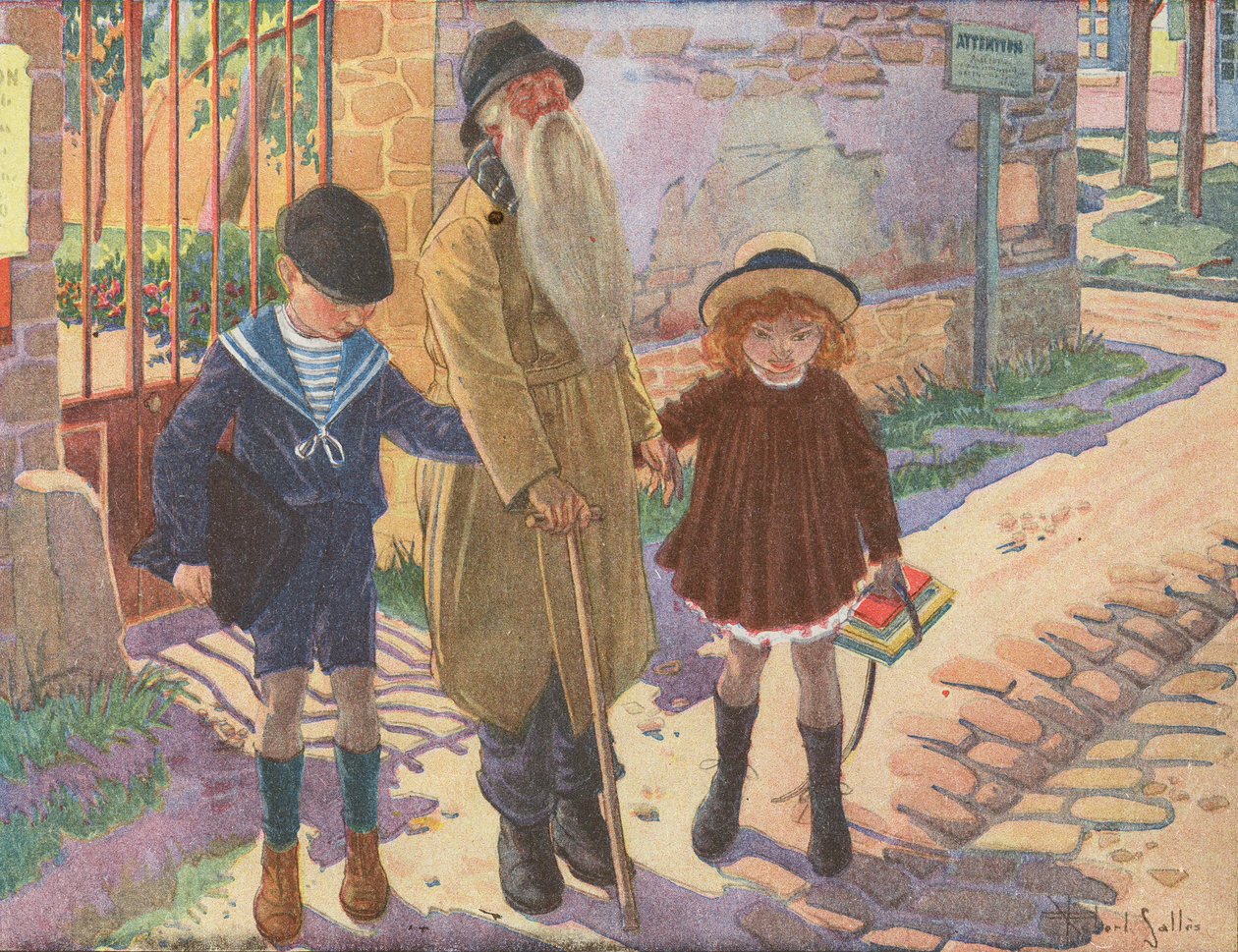 Bastonunu kaybeden yaşlı bir kör adama yardım eden iki çocuk (renkli taş baskı) by Robert Salles