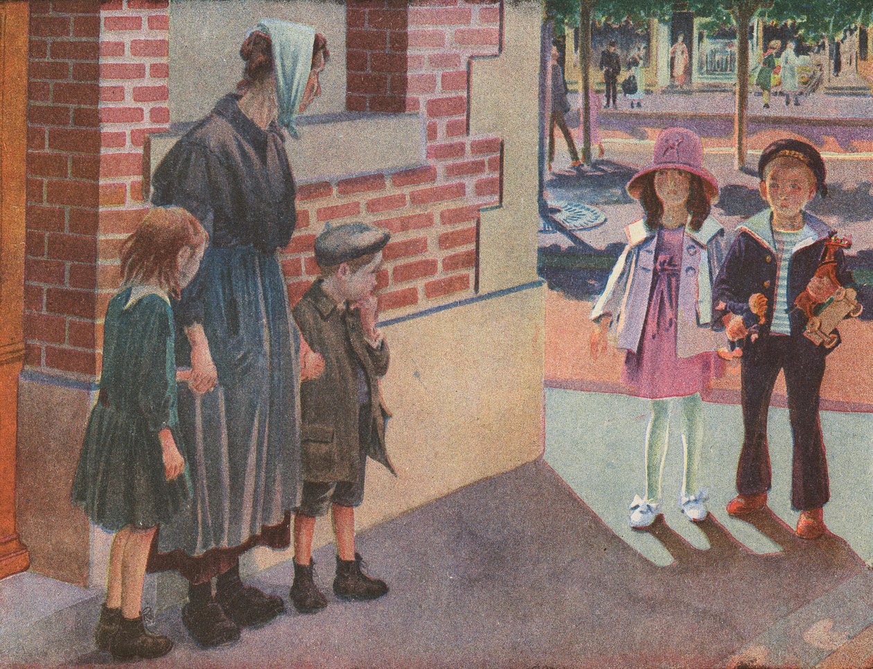 İki varlıklı çocuk sokakta dilenen yoksul bir anne ve çocuklarıyla karşılaşıyor (renkli taş baskı) by Robert Salles