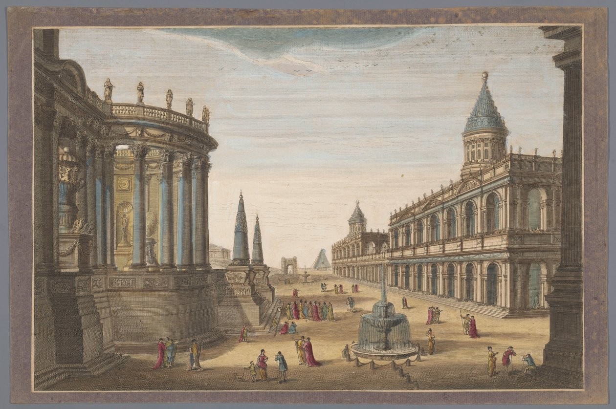 Vesta Tapınağı, Cestius Piramidi ve Roma Roma'daki diğer binaların orijinal ihtişamıyla görünümü (nesne üzerindeki başlık) by Robert Sayer (possibly)
