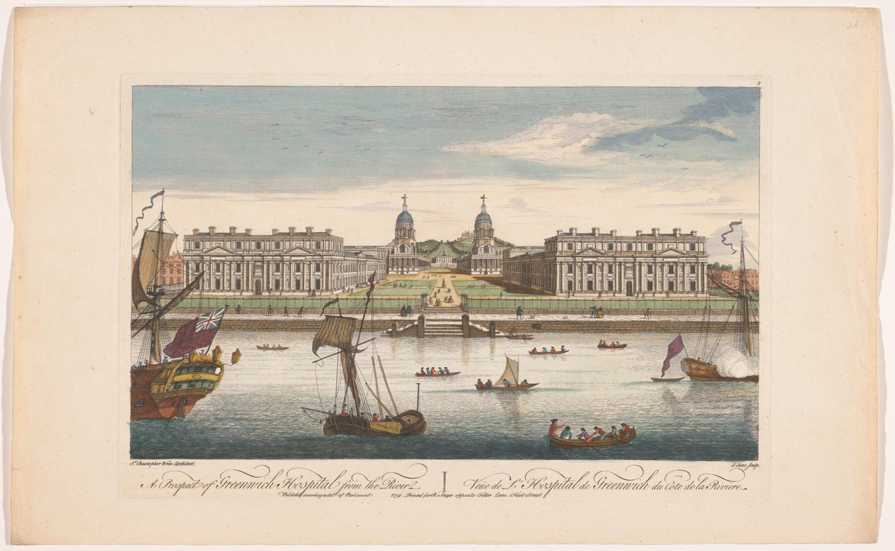 Greenwich'teki Thames Nehri üzerindeki Greenwich Hastanesi'nin görünümü Nehirden Greenwich Hastanesi'nin bir görünümü (nesne üzerindeki başlık) Londra (dizi başlığı) by Robert Sayer