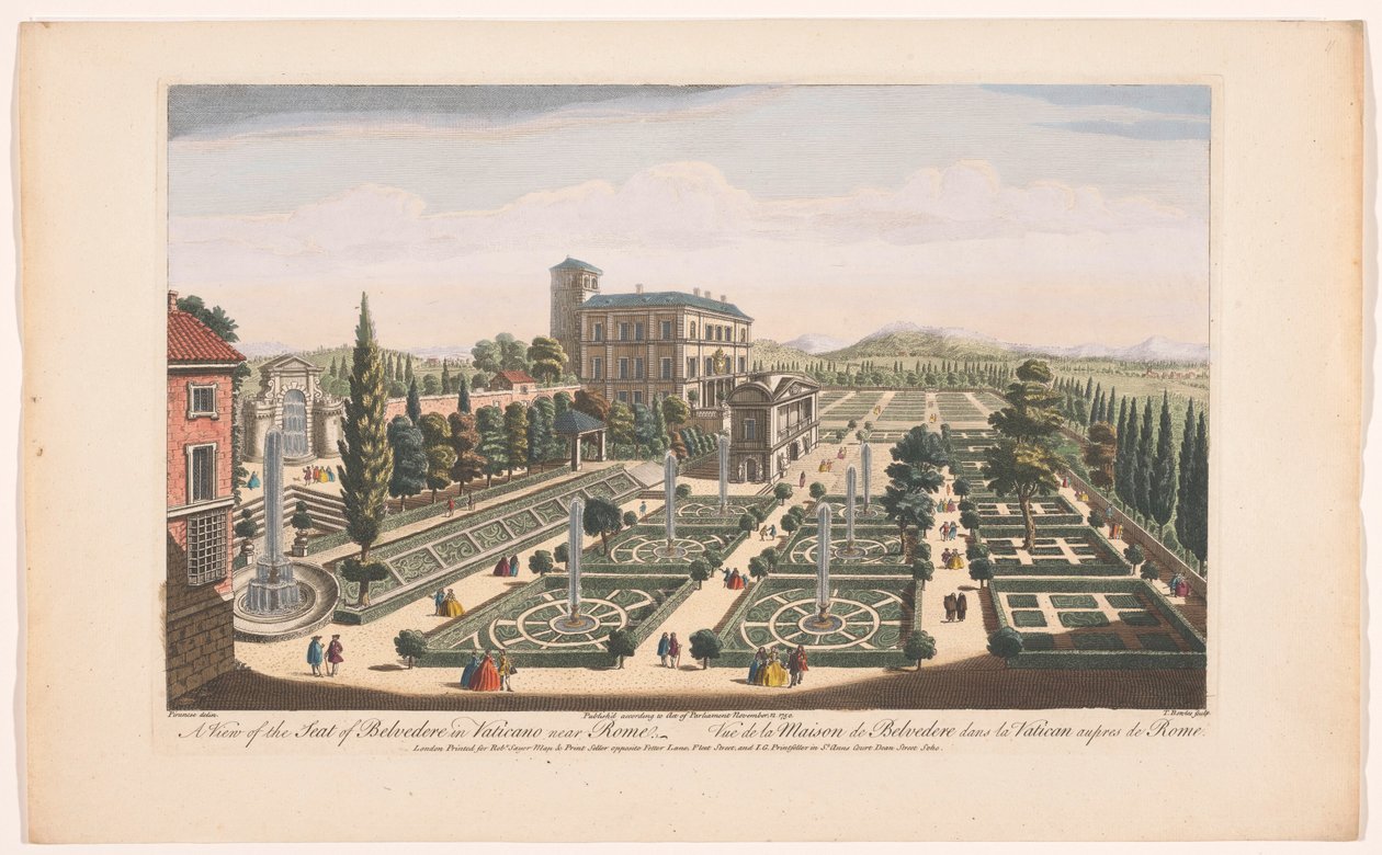 Vatikan Şehrindeki Giardini Vaticani'nin Görünümü Roma yakınlarındaki Vaticano'daki Belvedere Koltuğunun bir görünümü (nesne üzerindeki başlık) Roma (dizi başlığı) by Robert Sayer