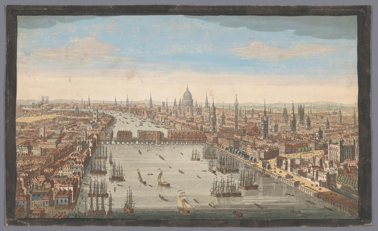 Londra şehrinin görünümü Londra şehrinin genel bir görünümü, Thames nehrinin yanında (nesne üzerindeki başlık) Londra (dizi adı) by Robert Sayer