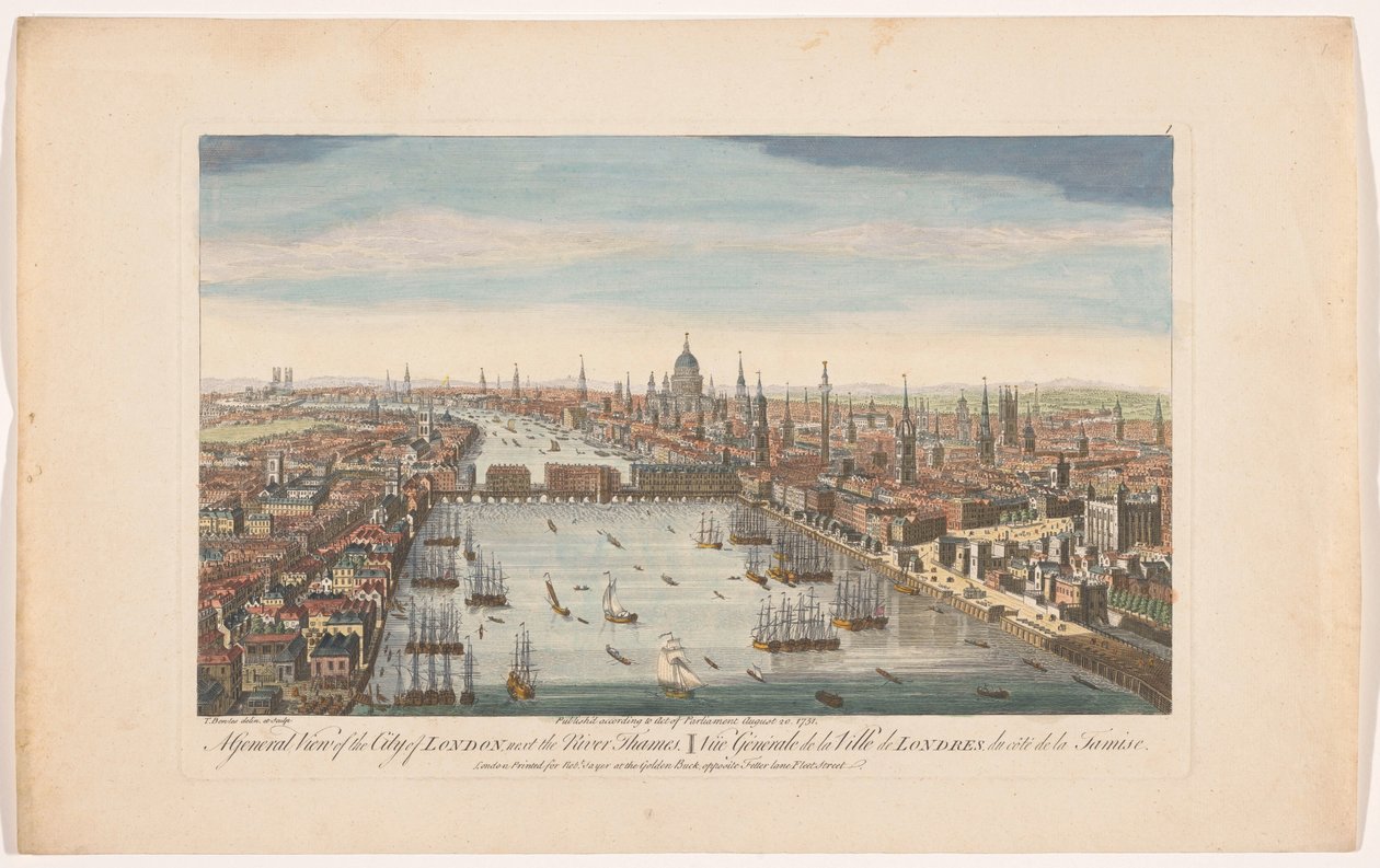 Londra şehrinin görünümü Londra şehrinin genel bir görünümü, Thames nehrinin yanında (nesne üzerindeki başlık) Londra (dizi adı) by Robert Sayer