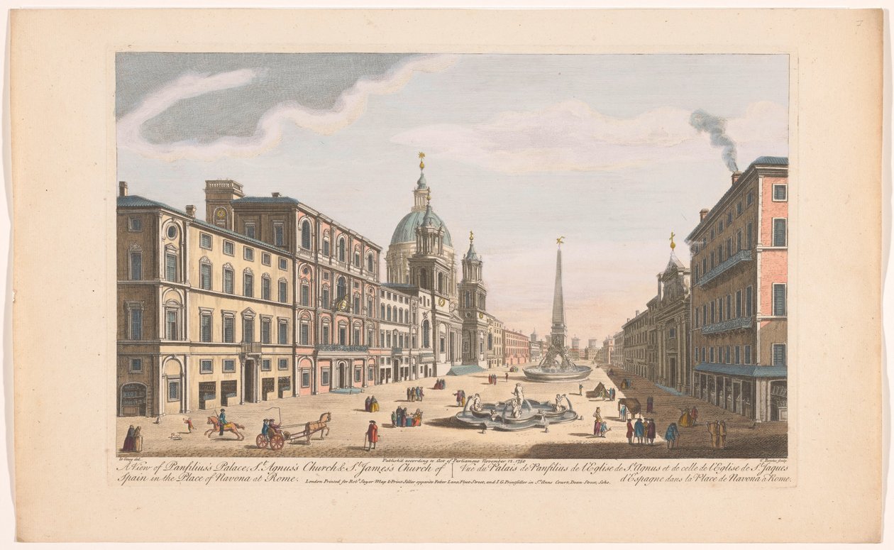 Gezicht op het Palazzo Pamphili en het Piazza Navona te Roma Panfilius Sarayı, St. Agnus Kilisesi ve Roma'daki Navona Place'deki İspanya St. James Kilisesi'nden bir görünüm (nesne üzerinde başlık) Roma (dizi başlığı) by Robert Sayer