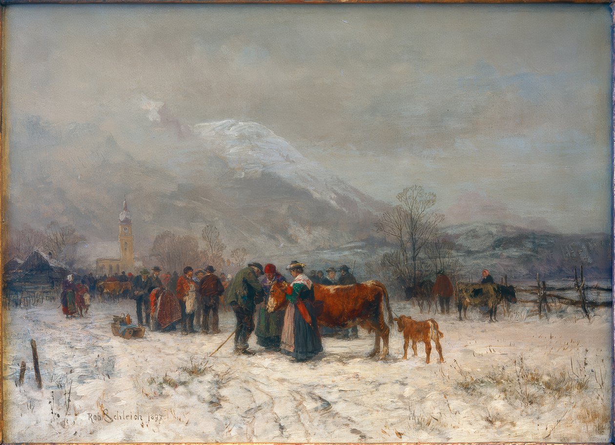 Kışın Mittenwald yakınlarındaki sığır pazarı by Robert Schleich