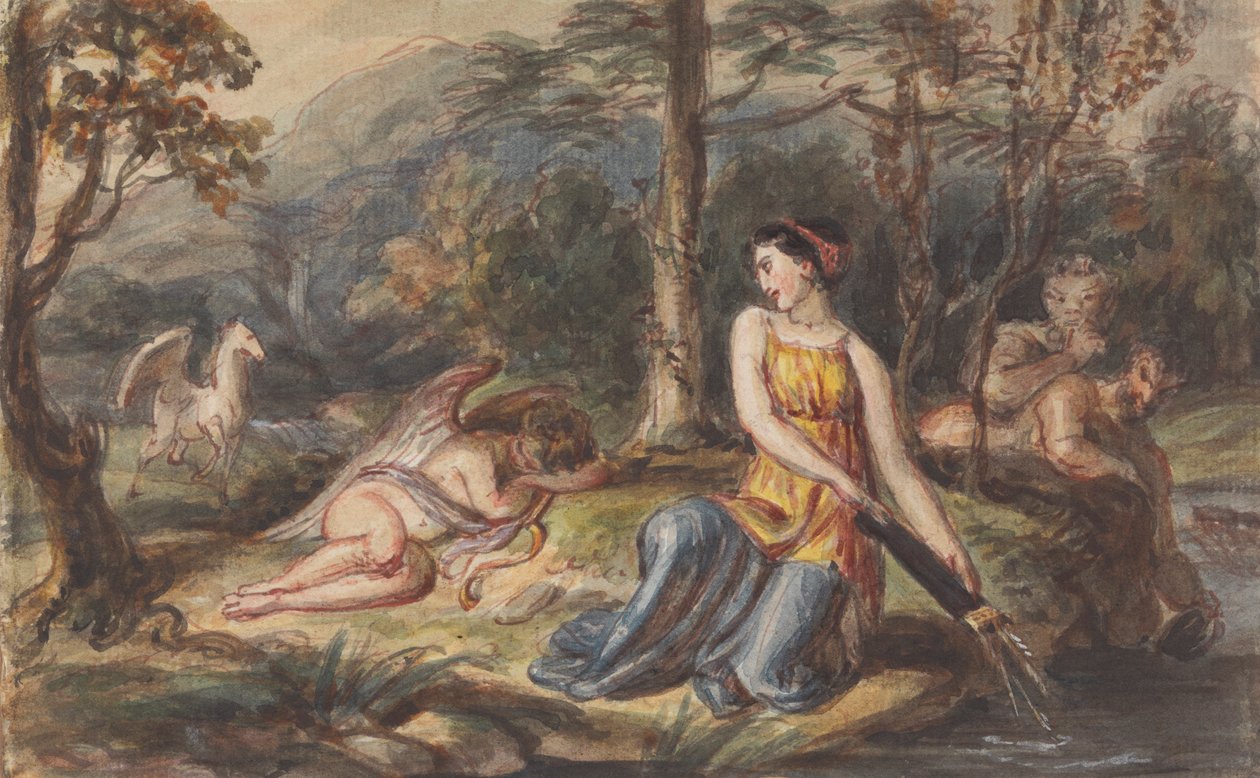 Av Tanrıçası Diana, Ormanlık Bir Manzarada Satirler, uyuyan Aşk Tanrısı ve Pegasus ile birlikte by Robert Smirke