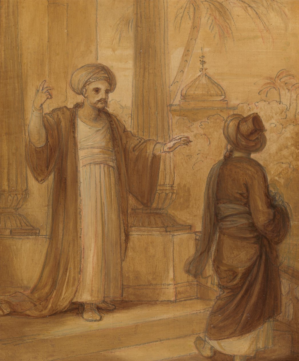 Ayakta Duran İki Erkek Figürüyle Bir Doğu Romantizmi, muhtemelen 'Arap Geceleri' için İllüstrasyon by Robert Smirke