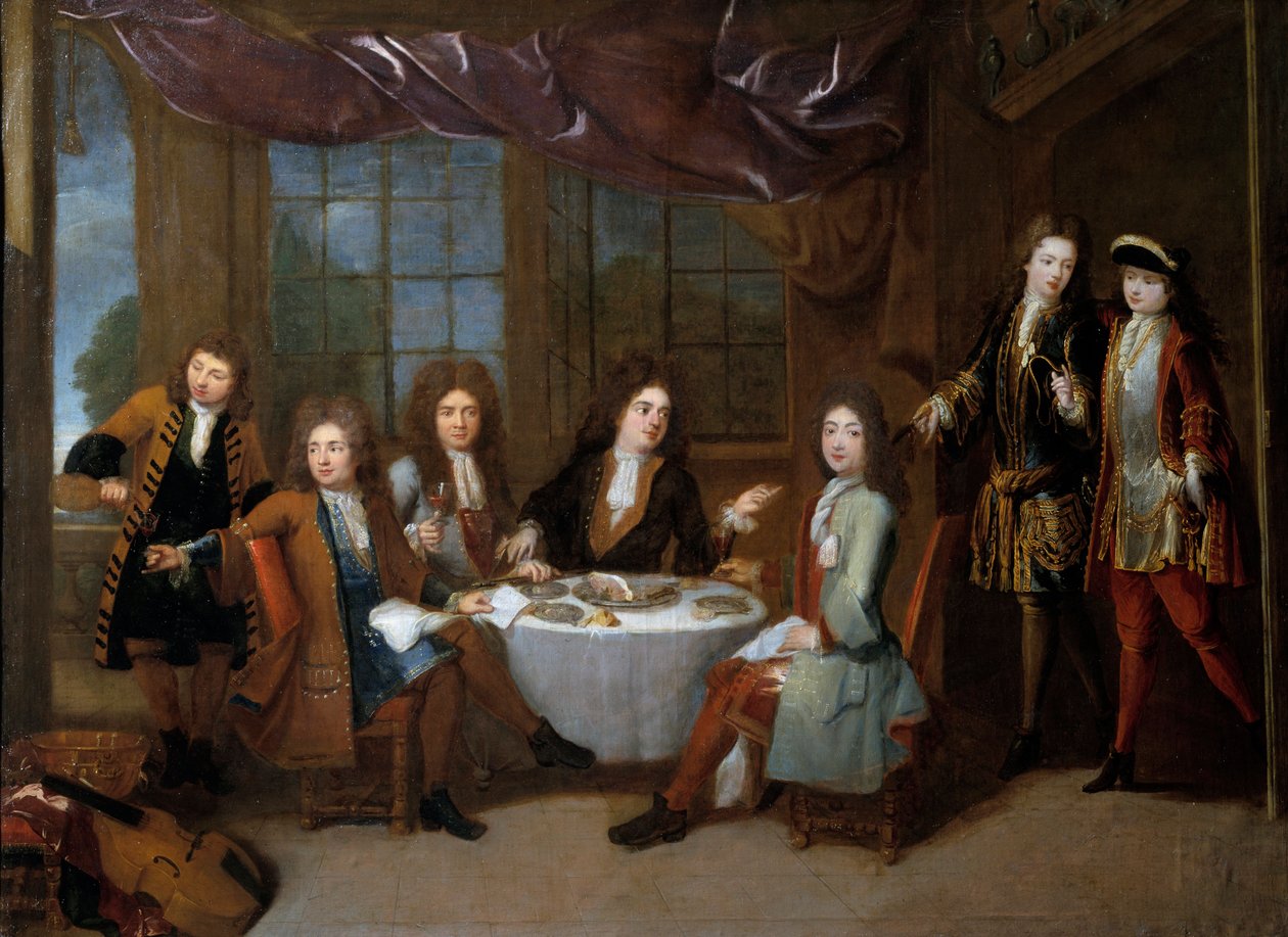 jambon kahvaltısı. Soğuk etler yemeğini paylaşan soyluların adamları. Robert Levrac Tournieres'in (1667-1752) tablosu by Robert Tournieres