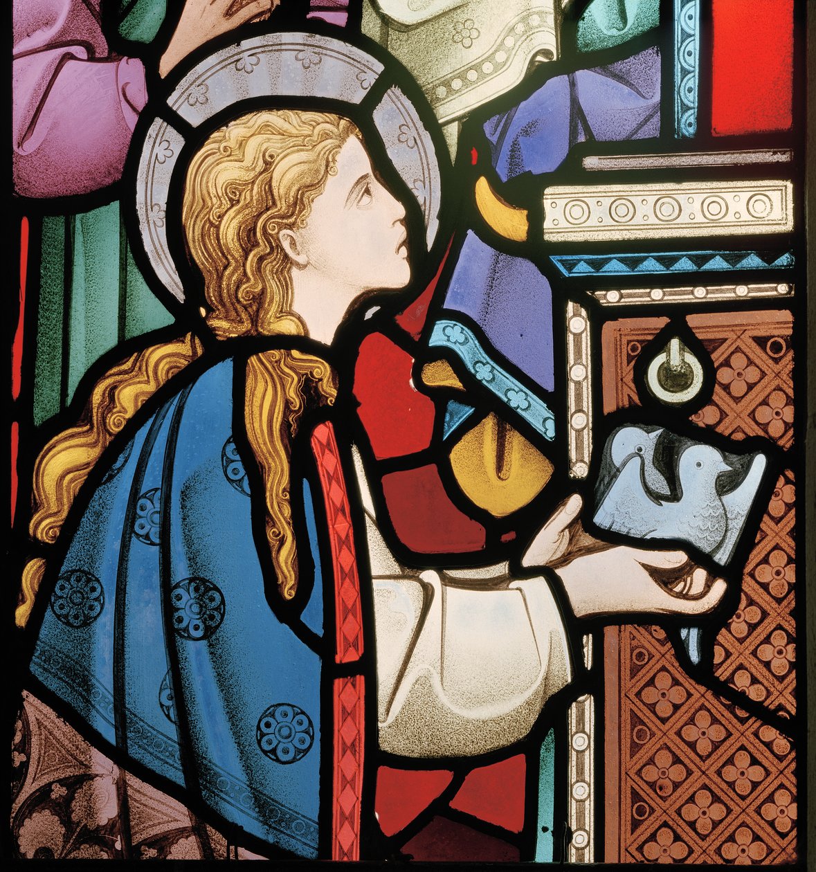 Meryem, tapınakta güvercinler sunuyor, doğu penceresinden detay, 1864 (vitray) by Robert Turnill Bayne