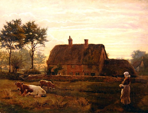 Gün Batımında Sazdan Bir Kulübenin Yanında Otlayan Sığır by Robert Walker Macbeth